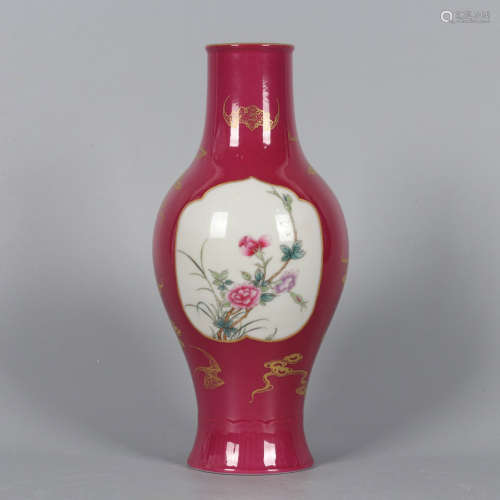 A Carmine Red Gilt-inlaid Floral Porcelain Guanyin Vase