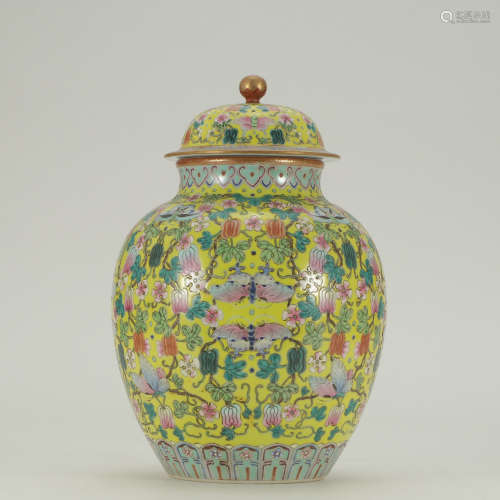 A Yellow Ground Famille Rose Floral Porcelain Jar with Cover