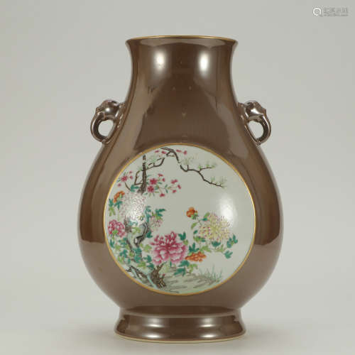 A Purple Gold Glaze Famille Rose Floral Porcelain Double-eared Vase