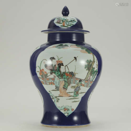 A Blue Glaze Famille Verte Figures Porcelain Jar