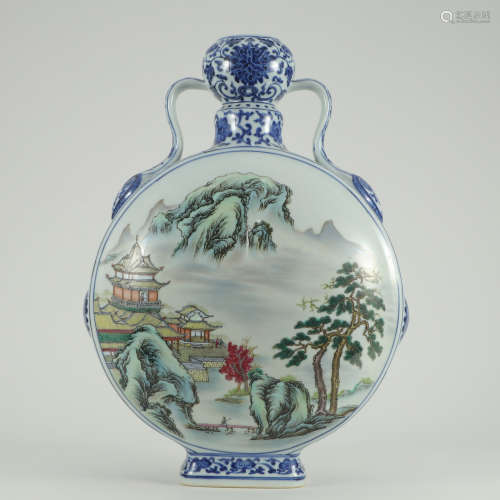 A Blue and White Famille Rose Landscape Porcelain Double-eared Oblate Vase
