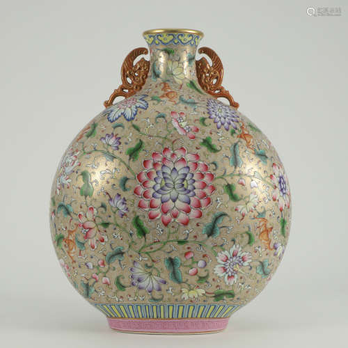 A Famille Rose Floral Gilt-inlaid Double-eared Porcelain Vase