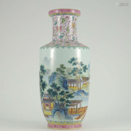 A Famille Rose Landscape Pattern Porcelain Rouleau  Vase