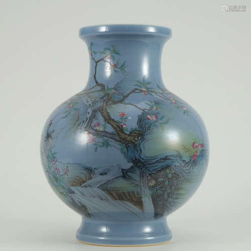 A Blue Glaze Famille Rose Flower&Bird Pattern Porcelain Zun