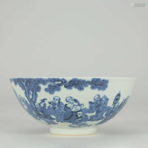 A Blue and White Arhats Painted Porcelain Bowl