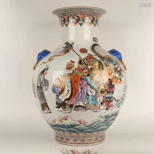 A Yangcai Figures Pattern Porcelain Double Lion Ears Vase