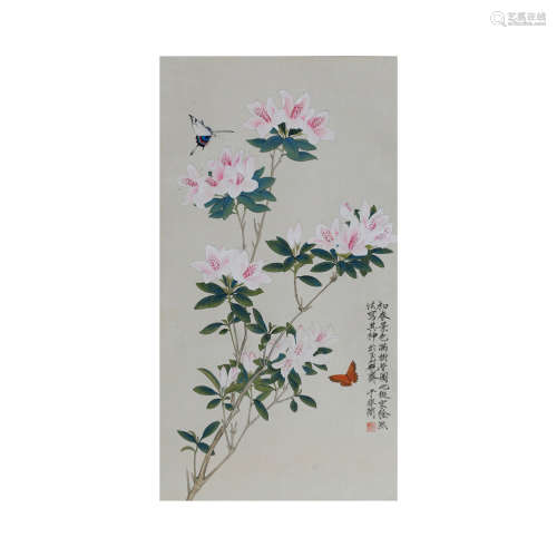 A Chinese Flowers&Butterfly Painting Scroll, Yu Feichang Mark
