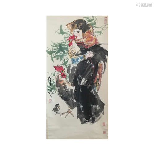A Chinese Figure&rooster Painting Scroll, Lin Tang Mark