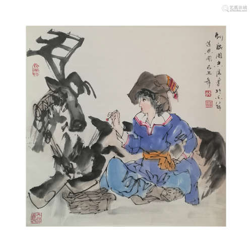 A Chinese Figure&Deer Painting Scroll, Yu Chengxue Mark
