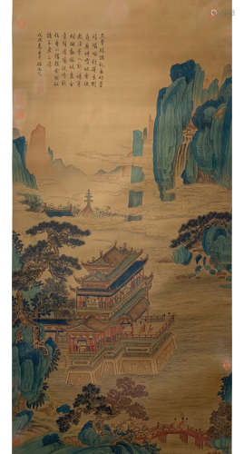 A Chinese Landscape Painting Silk Scroll, Qiu Ying Mark