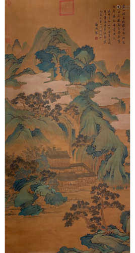 A Chinese Landscape Painting Silk Scroll, Wen Zhengming Mark