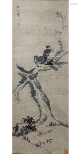 A Chinese Dead Wood Painting Scroll, Ba Da Shanren Mark