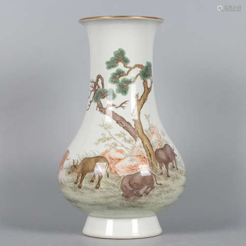 A Famille Rose Five Oxen Painted Porcelain Vase