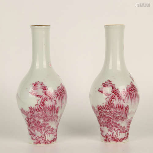 A Pair of Ruby Red Landscape Pattern Porcelain Vase