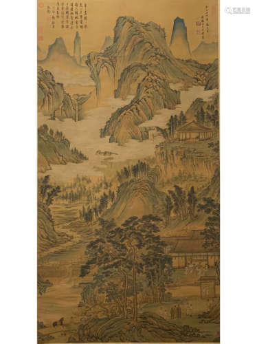 A Chinese Landscape Figures Painting Silk Scroll, Wang Meng Mark