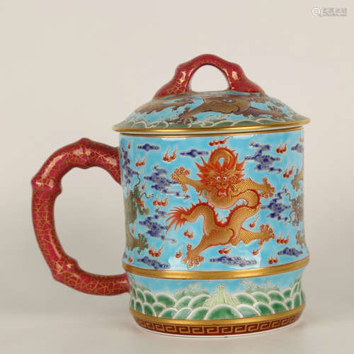 A Blue Ground Five Dragons Painted Porcelain Cup