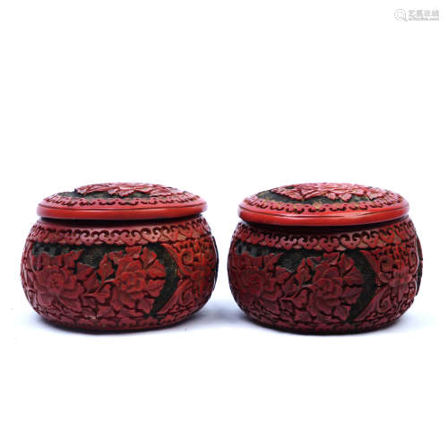 A Pair of Peony Pattern Carved Red Lacquerwork Weiqi Jar