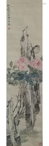 A Chinese Flowers Painting Scroll, Ren Bonian Mark