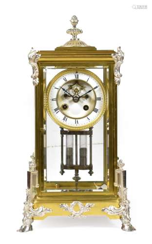 A Brass Four Glass Striking Mantel Clock, circa 1900, brass case with silvered mounts, four glass