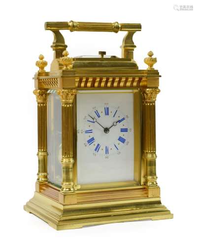 A Brass Striking and Repeating Carriage Clock, circa 1890, carrying handle and repeat button,