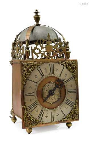 A Lantern Form Hook and Spike Striking Wall Clock, unsigned, late 18th Century, lantern form case