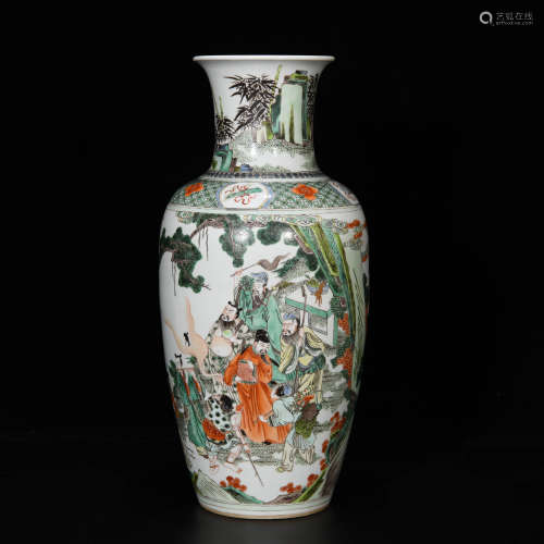 A Famille Verte Figures Porcelain Guanyin Vase