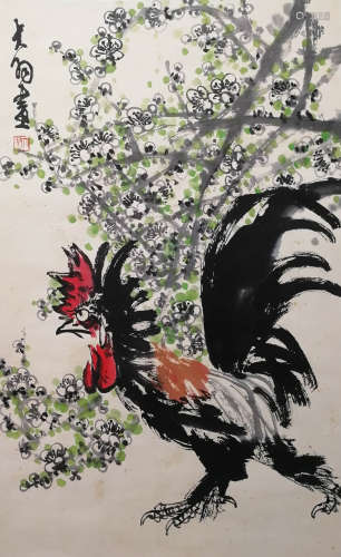 A Chinese Rooster Painting Scroll, Chen Dayu Mark