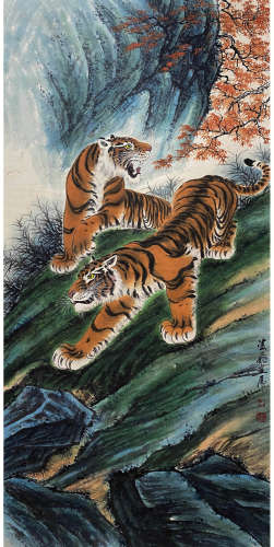 A Chinese Tiger Painting Scroll, Mu Lingfei Mark