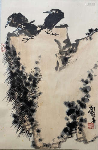 A Chinese Flowers&birds Painting Scroll, Pan Tianshou Mark