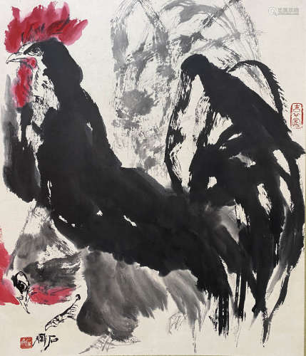 A Chinese Rooster Painting Scroll, Shi Qi Mark