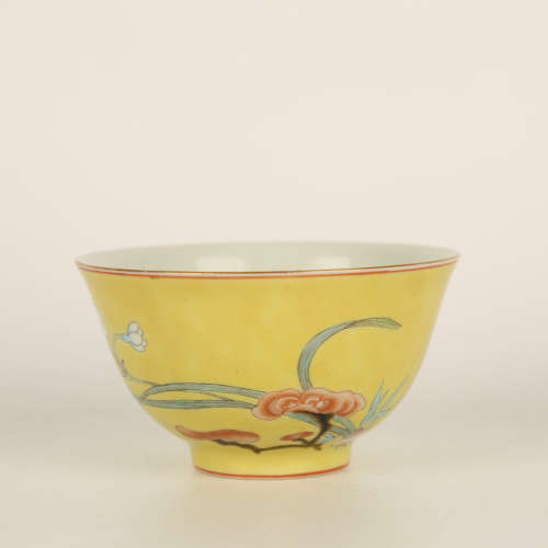 A Famille Rose Yellow Ground Floral Porcelain Cup