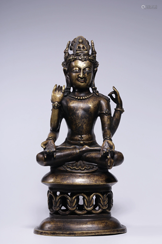 A SILVER-INLAID GILT-BRONZE GUANYIN.QING PERIOD