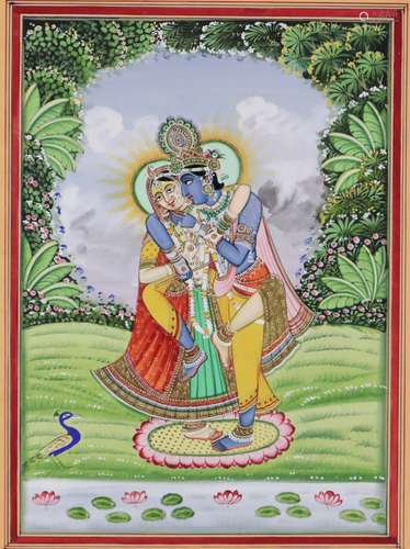 Indische Malerei - Radha und Krishna in inniger Umarmung, Indien Ende 19. Jh.,