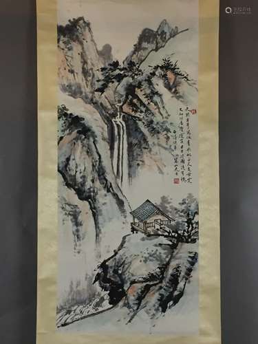 Chinesisches Rollbild - Xue Huishan- Berglandschaft mit Wasserfall und Architek