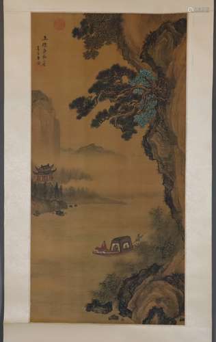 Chinesisches Rollbild - Stimmungsvolle Flusslandschaft mit Barke, darin Guqin s