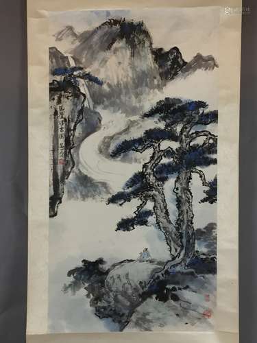 Chinesisches Rollbild - Xue Huishan- Berglandschaft, im Vordergrund Gelehrter u