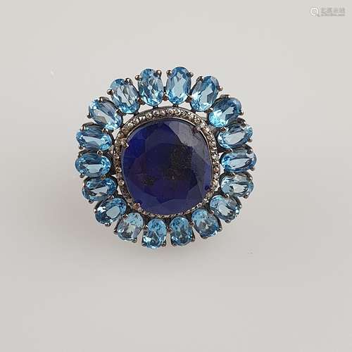 Topas-Saphir-Ring- 925er Silber, Ringkopf besetzt mit blauem Saphir 16.6ct, umg