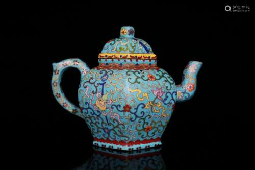 旧藏老紫砂画珐琅缠枝八宝纹茶壶