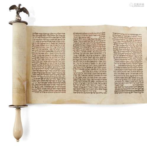 A mid/late 19th century Esther scroll, megillah, unmarked, probably German, with baluster ivory