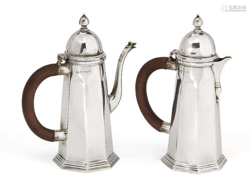 A pair of silver café-au-lait pots, Birmingham, c.1926, S. W. Smith & Co., comprising coffee pot and