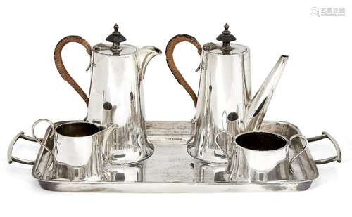 A four piece café-au-lait set with twin-handled silver tray, Sheffield, c.1931-1935, Walker &