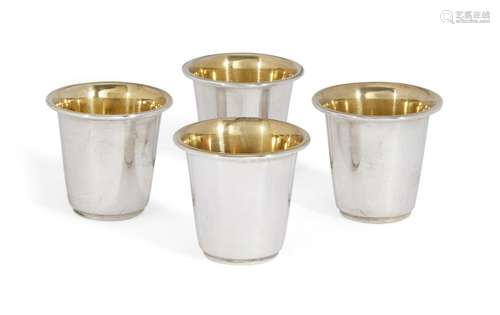 A set of four silver Kiddush cups, stamped Hazorfim 925, each of plain, tapering cylindrical form