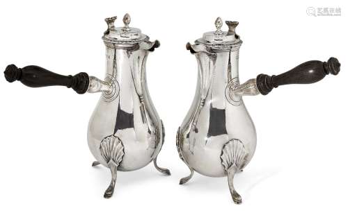 A pair of Victorian silver chocolate pots, London, c.1899, Daniel & John Wellby, the baluster body
