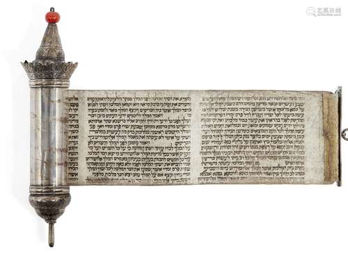 A small Esther scroll, megillah, the case with with coral bead finial, unmarked, assumed silver,