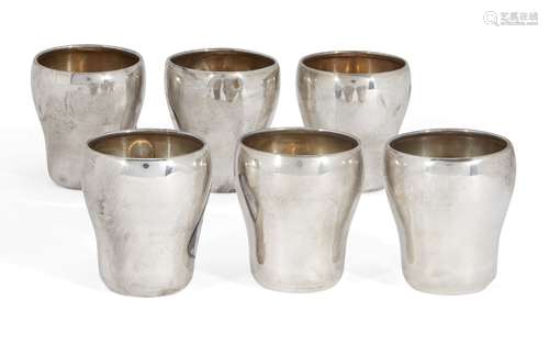 A set of six silver liqueur cups, bases stamped 925, of tapering cylindrical form, each tumbler 3.