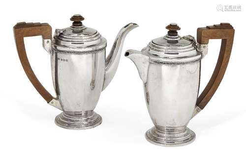 A pair of silver Mappin & Webb café-au-lait pots, Birmingham, c.1938, the plain body of each