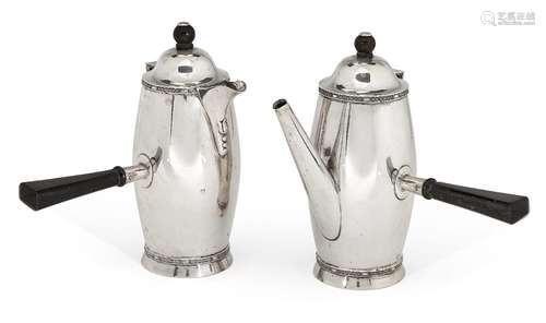 A pair of silver café-au-lait pots, Birmingham, c.1934, Barker Brothers, of elongated barrel form