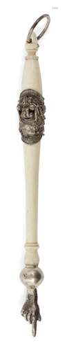 A small silver mounted ivory Torah pointer, yad, struck with a spurious '84' standard mark, the