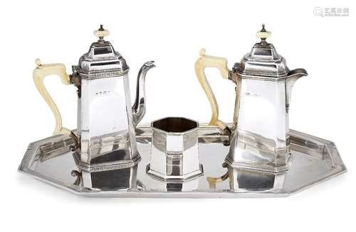 A matched Art Deco silver three piece café-au-lait set with silver tray, various dates and makers,