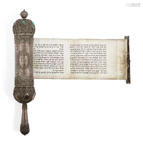 A silver and chrysoprase cased HaMelech Esther scroll, megillah, by the Bezalel School, Jerusalem,